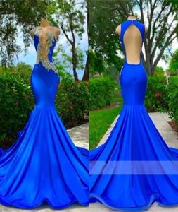 Royal Blue O Neck Długie sukienki na studniówkę dla czarnych dziewcząt 2023 Aplikacje Urodzinowe sukienka syrena wieczorowa Suknie szata deka gald gw9558476