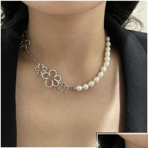 Chokers Choker Mode Frauen Blume Charme Perle Halskette Französisch Luxus Schlüsselbein Kettenarbeit Strass Goth Schmuck Pullover Drop Deliv D Otrx8