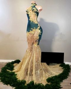 Ouro e verde vestidos de baile para a mulher 2024 alta pescoço renda lantejoulas penas sereia vestido festa robe gala luxe