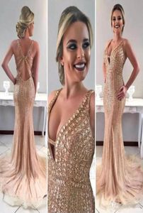 2019 Champagne Gold Major Beading Prom Party Dresses Mermaid Deep V Neck Open Back Crystal Evening Gowns Vestidos de Fiesta5066824