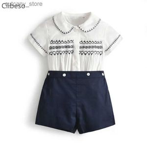 T-shirts Baby Boy Clothing Sets Infants Newborn Hand Made Smocked Clothes Kids Shorts Sleeve Tops Shorts Summer Children British Outfits L240311