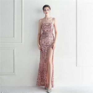 Casual Dresses Partysix 2024 Sequin Evening Dress Sexy Pattern Lace Bridal Gown Spaghetti Straps Split Low Back Party