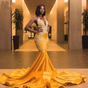 Gougeous Yellow Veet Train Syrenca African Prom Backless Backless Black Girl Gowns Plus Size Długie sukienki wieczorowe