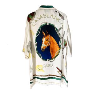 24ss Casablanca Мужские повседневные рубашки Casablanca Horse Head Art Print Шелковая текстура Кубинская шея с коротким рукавом Цветочная рубашка Летний тонкий стиль casablanc