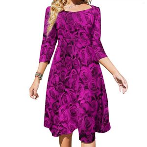 Casual Dresses Pink Rose Floral Dress Ladies Flowers Print Street Style Festival With Bow Summer Big Size Vestido