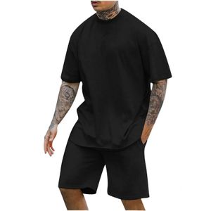 Fashion Solid Two-Piece 3D Mens Short Sleeved O-Neck T-shirt och Short Mens Summer Casual Simple Set Sports Shirt 240311