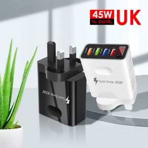 4 USB 45W Carregador de parede Carga rápida 3.1A Adaptador de carregamento rápido LCD Display digital Carregador de telefone americano para iPhone 15 14 13 12 11 Pro Max Huawei Samsung Travel Home SmartPhone