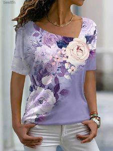 Camiseta feminina verão mulheres camisetas 3d flor impressão v pescoço curto sle tops casuais senhoras camiseta moda harajuku tees roupas femininas y2k 240311