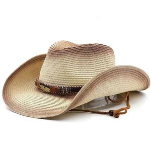Wide Brim Hats Men's and women's straw western cowboy hats seaside sunshade sunblock hat Retro casual UV protection straw hat summer