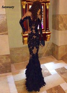 robe de soiree Mermaid Prom Dress Long Sleeves O Neck Black Lace Appliques Beads Evening Dress With Ostrich Feathers robe de soire8933999