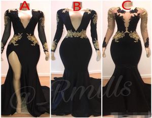Sexig sidoslits Black Prom Dresses Mermaid V Neck Gold Lace Applique Plunging Plus Size Custom Made LongeChes Formal Evening Par7330152