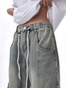 Women's Jeans Drawstring Design Elastic Waist Vintage Street Cool Girl High Waisted Straight Pants Female Casual Denim Trousers