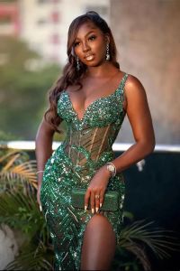 Fabulous ASO EBI African Evening Dresses Sexy Sheer Green Split Long Evening Prom Gowns Appliques Sequins Spaghetti V Neck Met Gala Robes BC15291