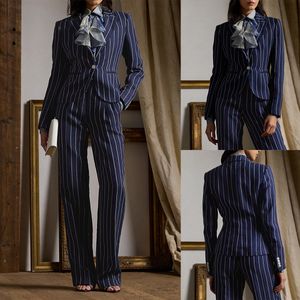 Navy Blue Striped Women Pants Suits Slim Fit Ladies Blazer Jacket Guest Wear 2 Pieces Custom Made