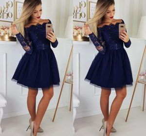 Off The Shoulder Short Party Dresses With Long Sleeve Sequin Applique Draped Prom Dress Cocktail Homecoming Dress Cheap Navy Blue 5723714