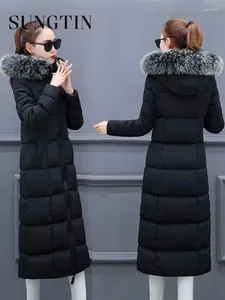 Women's Trench Coats Sungtin Winter Fur Collar Hooded Parkas Women Quilted Puffer Jacket Female Long Sleeve Slim Outerwear Coat Korean Y2K