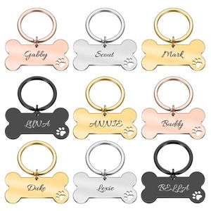 Personlig Pet Dog ID Tag Keychain Graverad namn för kattvalpkrage Pendant Keyring Bone Accessories Tag ID Card262e