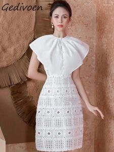 Günlük elbiseler gidivoen sonbahar moda tasarımcısı beyaz zarif yelek elbise kadın kelebek kol düğmesi dantel aplikler ince a-line uzun