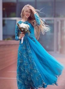 2020 turquesa manga longa vestidos de noite de noiva brilhante beading tule renda gola redonda plus size mãe da noiva vestido árabe 1181095