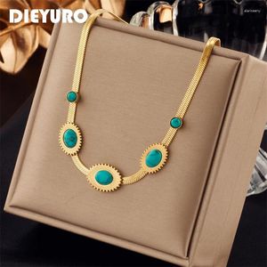 Pendant Necklaces DIEYURO 316L Stainless Steel Oval Green Stone Necklace For Women Vintage Ladies Chain Chokers Fashion Girls Jewelry