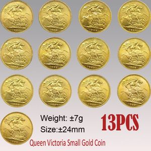 13pcs 영국 빅토리아 주권 동전 1887-1900 24mm 작은 금 사본 코인 아트 수집품 249o