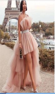 Dusty Pink High Low Prom Dresses Strapless Ruched Tulle with Belt Homecoming Dress Plus Size Girls Party Skirts1804567