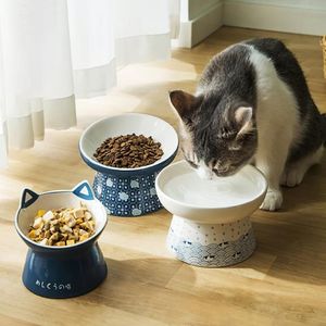 Ciotole per gatti Mangiatoie Piede alto Ciotola in ceramica Protezione per il collo Alimentatore per alimenti per animali domestici Dispenser per contenitori antiribaltamento per acqua273m