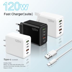 120W Fast Wall Charger Block Plug 5 Ports USB Laddningsstation Power Strip Adapter 3PD Typ C 2 USB Telefonladdare Tablettladdare med laddningskabel för iPhone Samsung