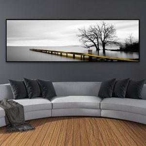 Calm Lake Surface Long Yellow Bridge Scene Black White Canvas Paintings Poster Prints Wall Art Pictures Living Room Home Decor216i