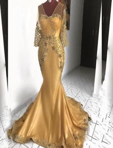 2020 Gold Sexy Mermaid African Mother of Bride Dress V Neck Lace Beaded Evening Dresses Formal Party Prom Gowns2561547