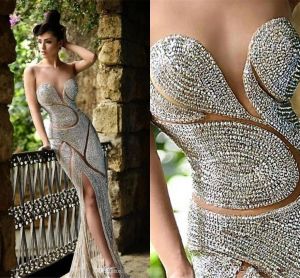 New Bling Rami Salamoun Split Evening Dresses Illusion Neck Sheer Major Beading Crystal Sheath Sheer Skirt Celebrity Party Prom Gowns