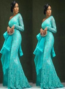 Aso Ebi Plus Size Abiti da sera turchese Peplo monospalla Sirena Abiti da ballo in pizzo Abiti da festa africani Dubai7299752