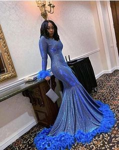 Sexy 2022 Arabic Evening Dresses Prom With Long Sleeve Vneck Mermaid Style Feathers Pageant Formal Dress African Black Girls Part9436120