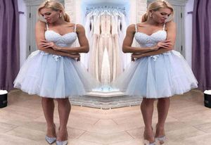 2020 Cheap Spaghetti Straps Gray Blue Lace A Line Homecoming Dresses Tulle Applique Knee Length Short Prom Party Cocktail Dresses2927610