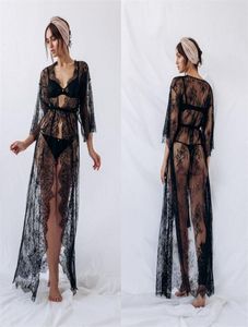 Sexy Black Wedding Robes Vneck Long Sleeve Lace Tulle Night Gown For Women Ruched Sweep Train Pajamas3934279