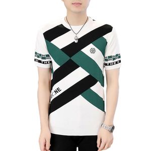 Summer Thin Geometric Patchwork Men's Short Sleeved T-Shirt With Trendy Personality, Ice Silk Knitted Round Neck T-Shirt, Men's Slim Fit