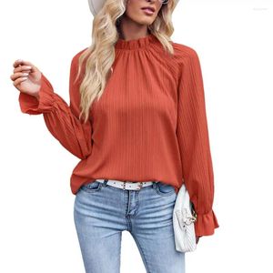 Kvinnors blusar kvinnor jeans toppar ruffle panel chic streetwear löst fit veckad blus med manschetter höst vinter fast färg