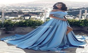 2019 New Sexy Sde Split Prom Dresses Satin Long Vestido Special Occasion Gowns Arabic Sky Blue A Line Off The Shoulder Evening Dre5489785