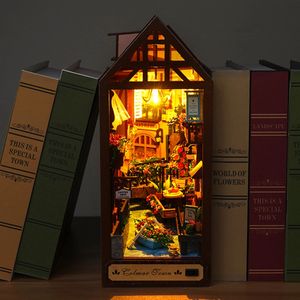 DIY Book Corner Set 3D Träpusselmöbler och LED Light Mini House Model Kit för barn Tidig utbildning Vuxen 240223