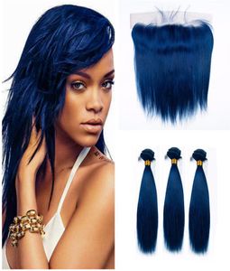 Pacotes de cabelo humano reto azul escuro com fechamento frontal do laço 9a cabelo azul 3 pacotes com laço frontal malaio cabelo virgem weft9384445