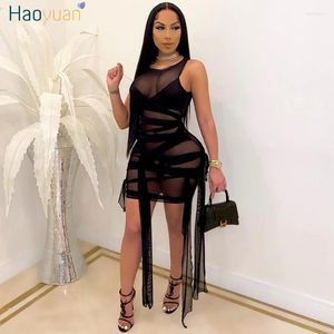 Casual Dresses HAOYUAN Plus Size Mesh Sheer Bodycon Bandage Dress Women Birthday Outfits Y2k Summer Clothes Sexy Night Party Club