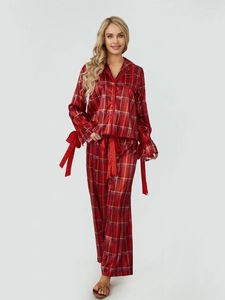 Mulheres sleepwear mulheres 2 pcs pijamas conjuntos de manga comprida lapela pescoço botão para baixo camisa xadrez perna larga palazzo calças y2k loungewear outfits