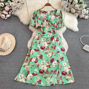 Vestidos casuais manga curta puff elegante para mulher moda coreana robe feminino floral impressão uma linha vestidos gota