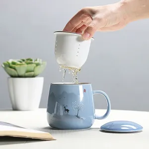 Tazze Piattini Filtro in ceramica Tazza da tè Semplice Grande capacità Coppia Bicchieri Tazza da caffè per uso domestico con coperchio Tazza per separazione del tè in porcellana per ufficio