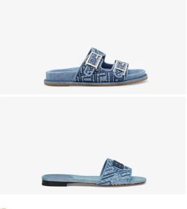 Novas sandálias planas de alça dupla com fivela decorativa F e enfeite de material jeans azul antigo acolchoado padrão F tamanho 35-42 com caixa
