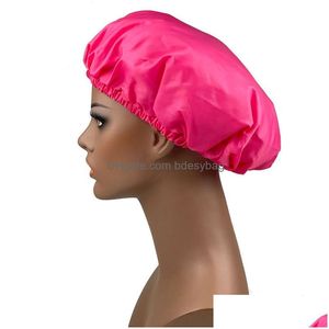 Beanie/Skull Caps Solid Color Satin Large Waterproof Hat For Women Lady Elastic Bath Bonnet Hair Care Home Fashion Accessories Drop De Dhb76