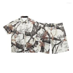 Herrspårar Branch Leaf Print Workwear dragkedja Skjorta Shorts Set Män kvinnor Kvalitet Löst High Street Shortpant Suit