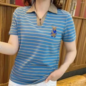 Womens T Shirts Summer Short Sleeve V-neck T-shirt Style Embroidery Elegant Fashion Casual Pullover Striped Cartoon Clothes Tops