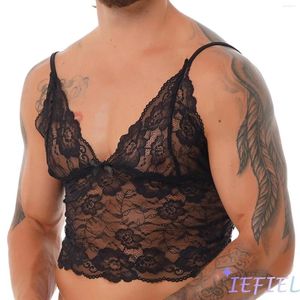 BH-Sets für Herren, Sissy, durchsichtig, durchsichtig, florale Spitze, Dessous, Bralette, tiefer V-Ausschnitt, Leibchen, Hemd, Weste, bauchfreies Top, Nachtwäsche, Nachtwäsche