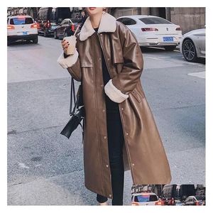 Womens Leather Faux Women Winter High Quality Pu Long Jacket Coats Fur Inner Warm Coat Feminino Tops Parka Femme Drop Delivery Apparel Otynu